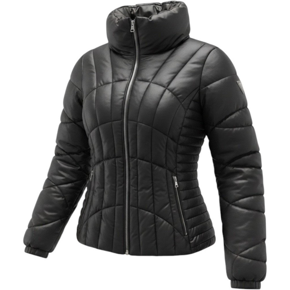 GUESS Women's Small Black Shiny Puffer Jacket Quilted Full Zip Winter Coat
